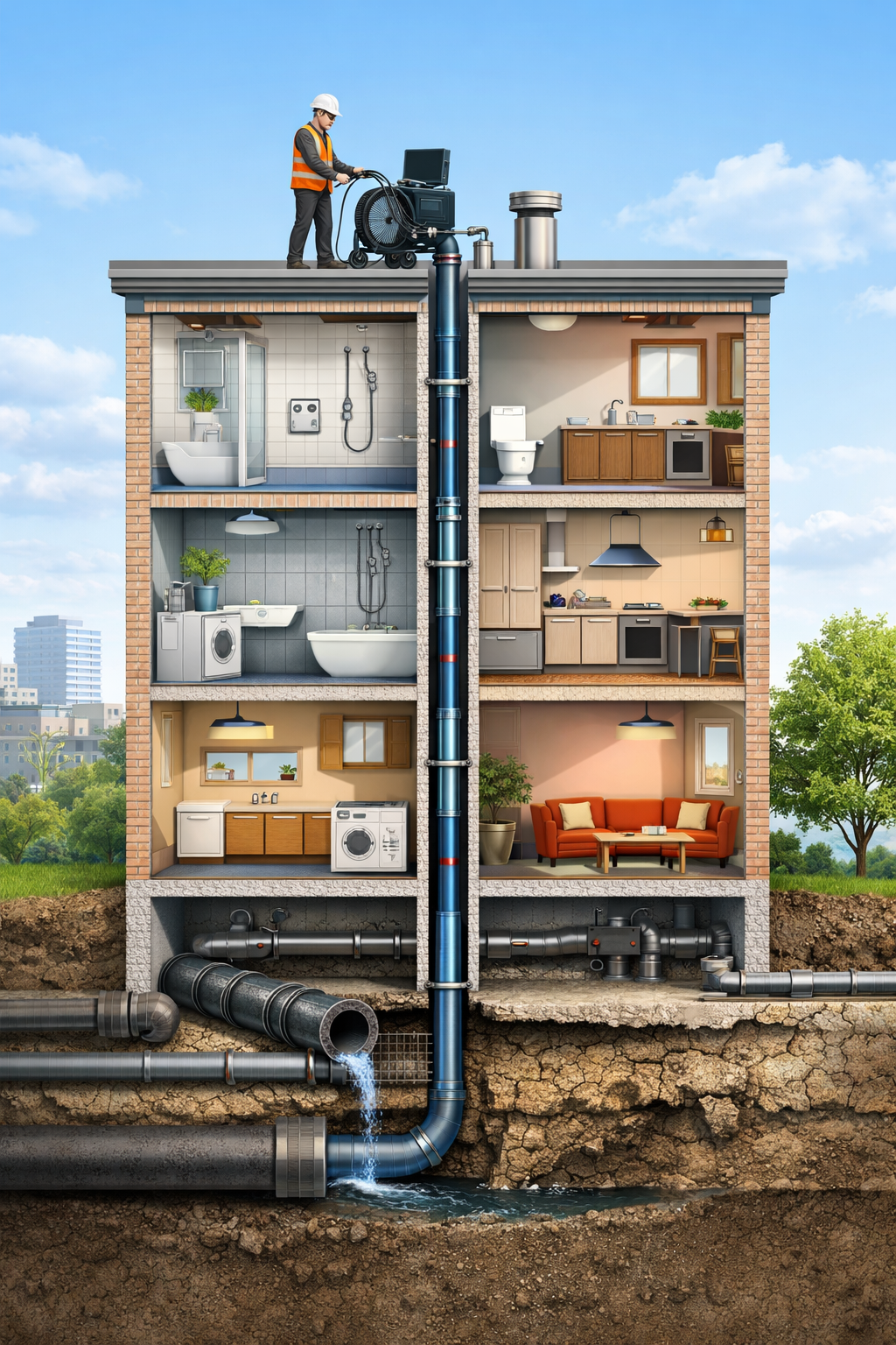 Schéma en coupe d’un immeuble collectif avec inspection caméra de colonne EU réalisée depuis la toiture