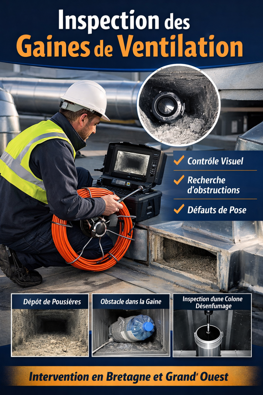 Inspection vidéo des gaines de ventilation et réseaux de désenfumage en Bretagne et Grand Ouest. Contrôle avant réception de chantier, détection d’anomalies et vérification technique.