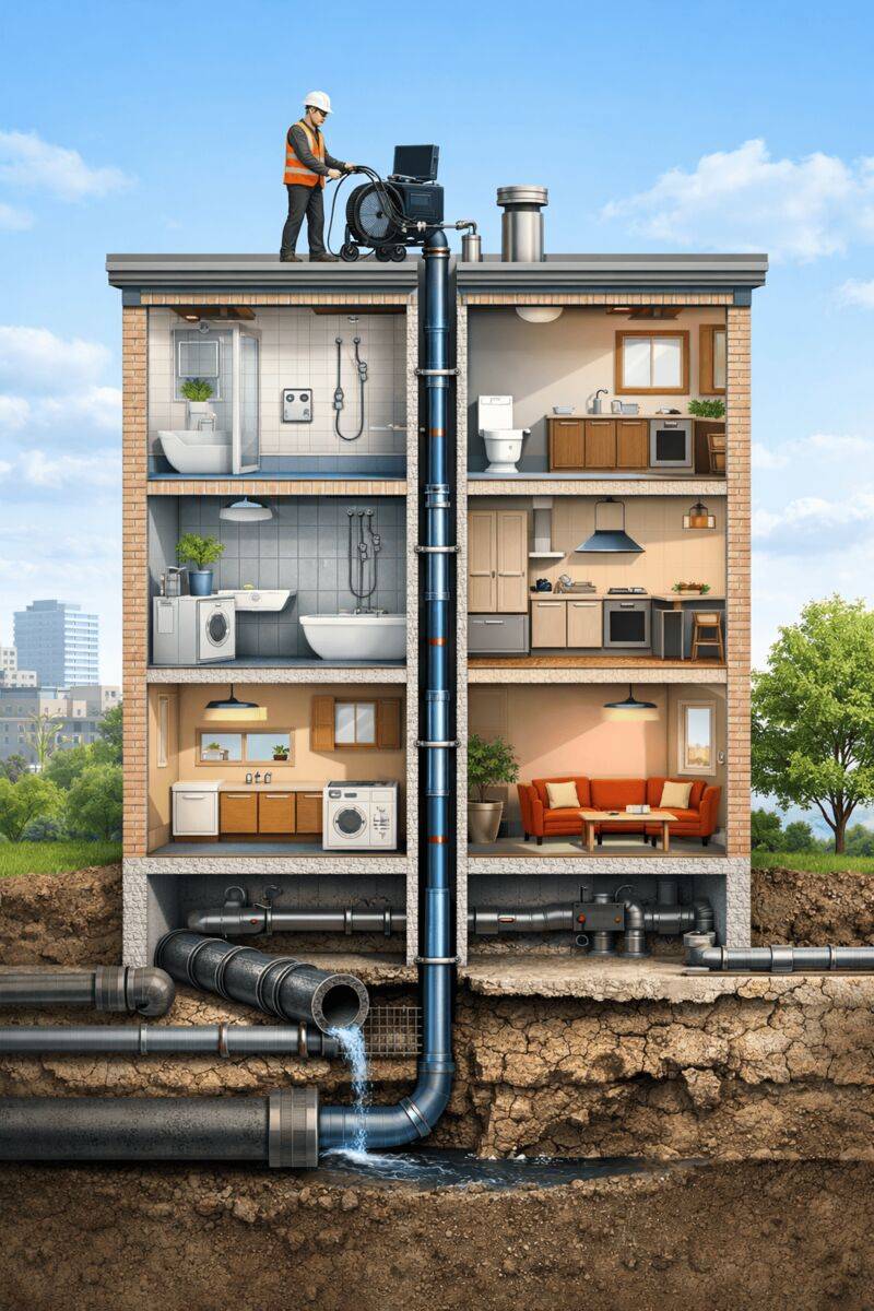 Schéma en coupe d’immeuble collectif avec inspection caméra des colonnes EU/EP