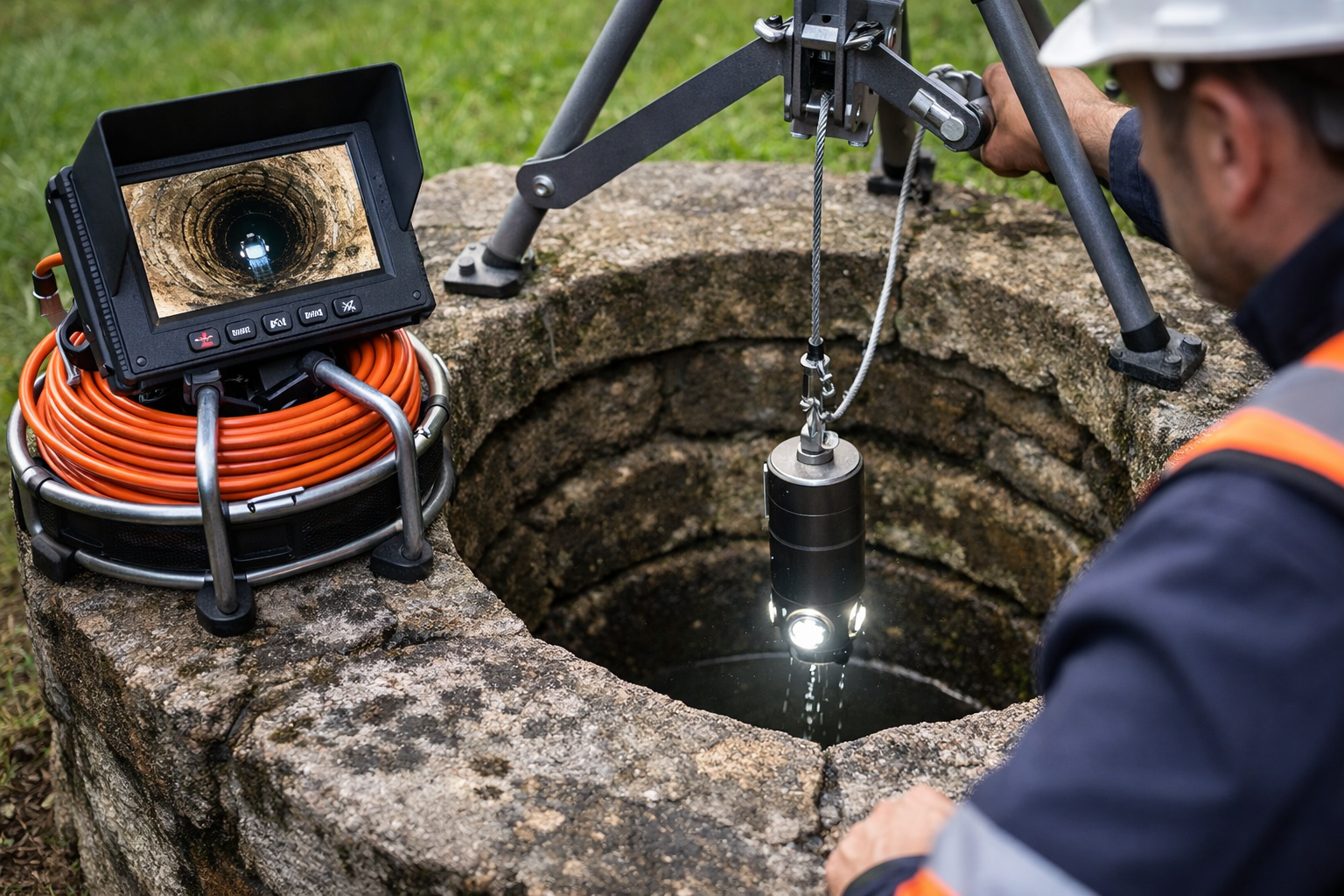 Inspection caméra d’un puits avec contrôle visuel en profondeur et éclairage LED
